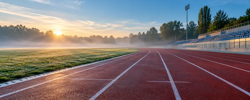 Pusta bieżnia stadionu o świcie, białe linie torów, mgła
