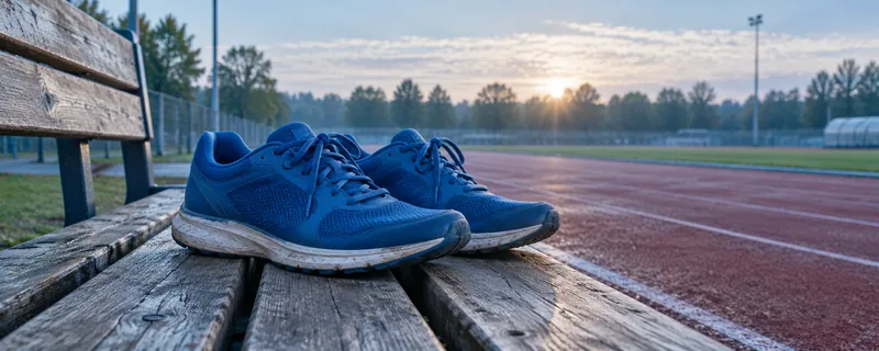 Buty biegowe zawiązane na ławce przy bieżni